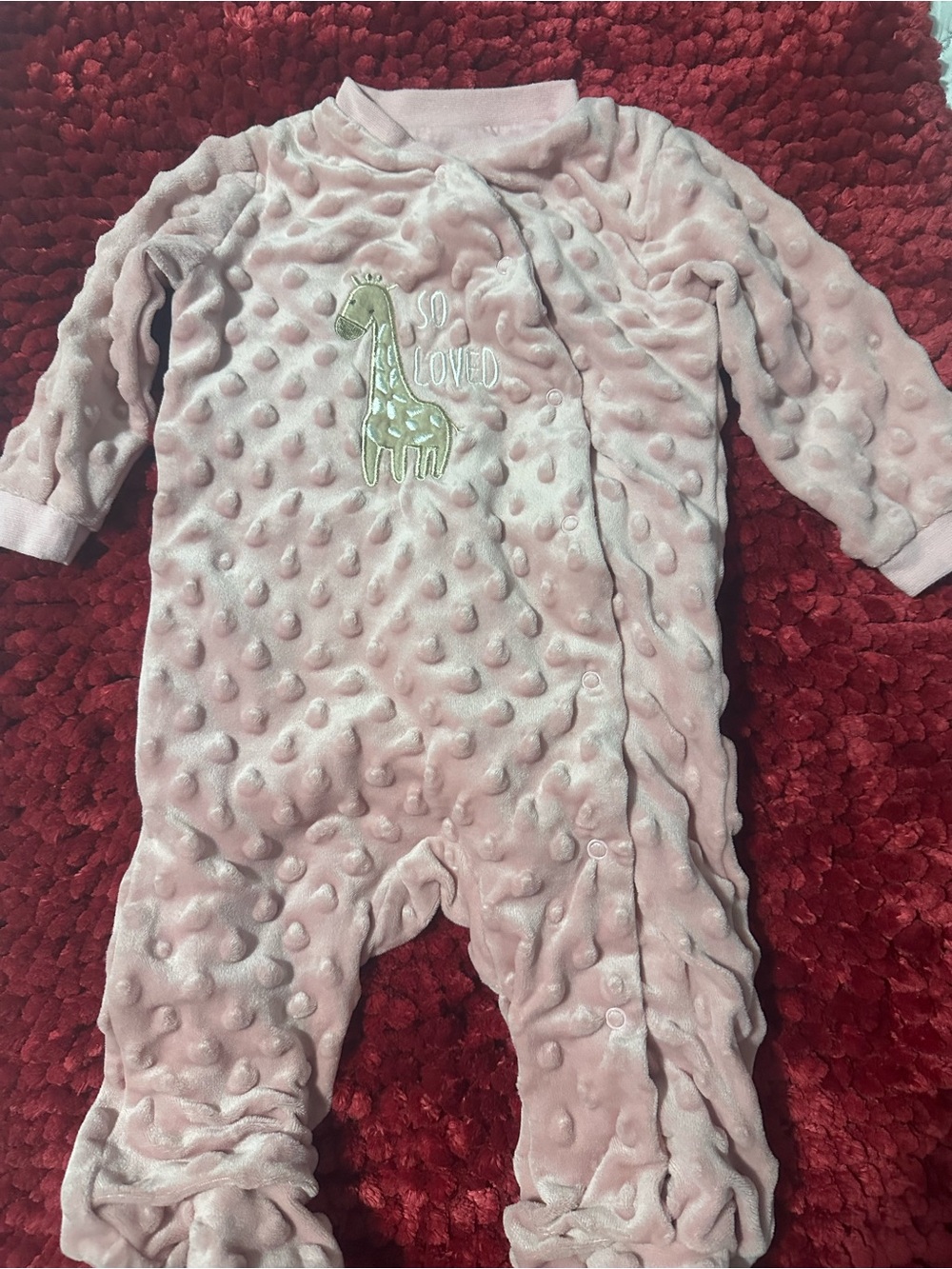 Plush Pink Baby Footed One-Piece with Giraffe Applique